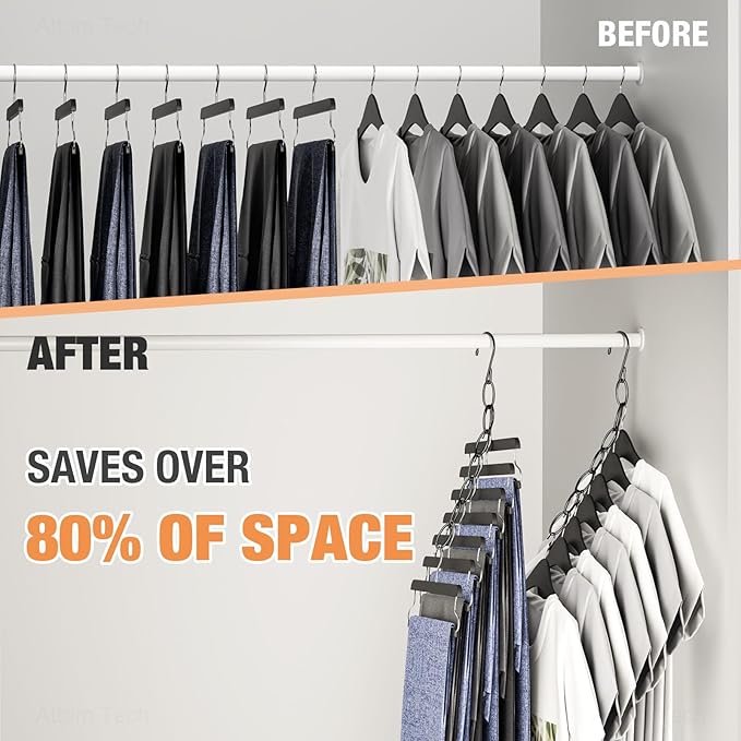 NiHome Clothing Chain Hangers 10-Pack for Home, Office & Travel, Metal Closet Organizer Space Saving Hangers with Safety Cap for All Garment Types, Wrinkle-Reducing 7-Loop Retractable Design (Black)