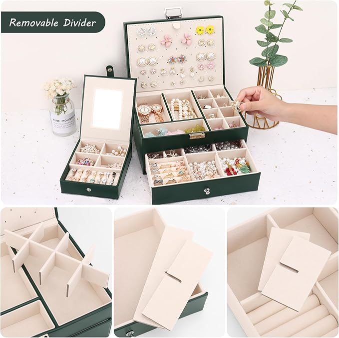 DesignSter Jewelry Organizer Box, 2 Layers Large Jewelry Box with Travel Jewelry Case, Leather Jewelry Storage Case for Rings Earrings Bracelets Necklaces (Green)