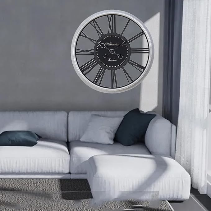 16 Inch Retro Black Wall Clock, Silent Non-Ticking Battery Operated Round Vintage Clock with Roman Numerals,Decorative Living Room, Kitchen, Bedroom Decor