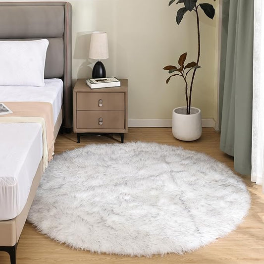 Latepis Circle Rugs 6.7ft for Living Room White with Grey Tips Faux Sheepskin Fur Round Rugs for Bedroom Fluffy Washable Rug Cute Home Décor