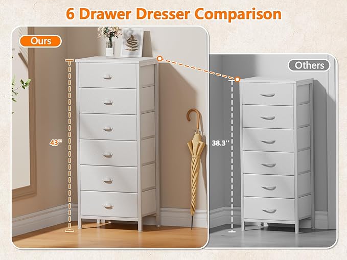 Furnulem White Tall Dresser for Bedroom,Vertical Storage Tower Unit and End Table with 6 Fabric Drawers, Nightstand Furniture with Drawer Organizer in Living Room,Closet,Entryway,Hallyway
