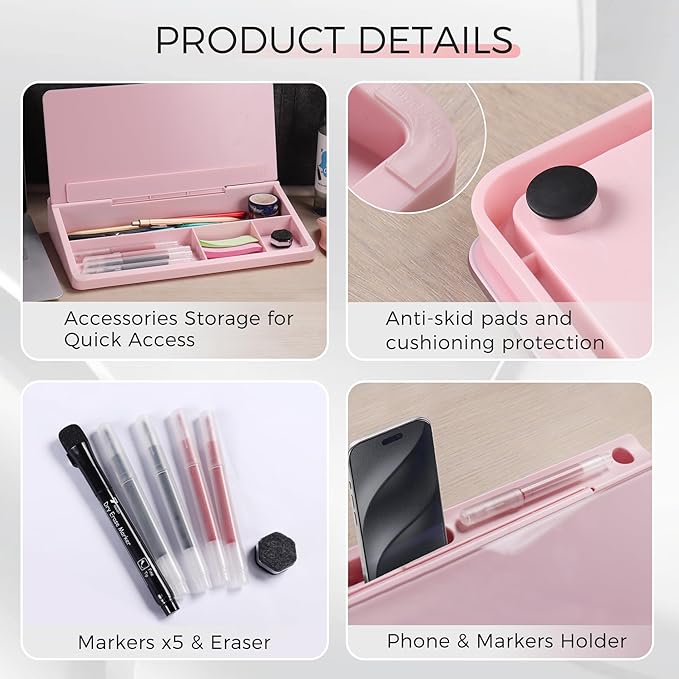 TOWON Small Compact Glass Desktop Whiteboard with Storage – 12 x 7 in Dry Erase Board for Desk, Home Office, School | Includes 5 Markers, Eraser & Holder | Space-Saving Organizer, Aesthetic Pink
