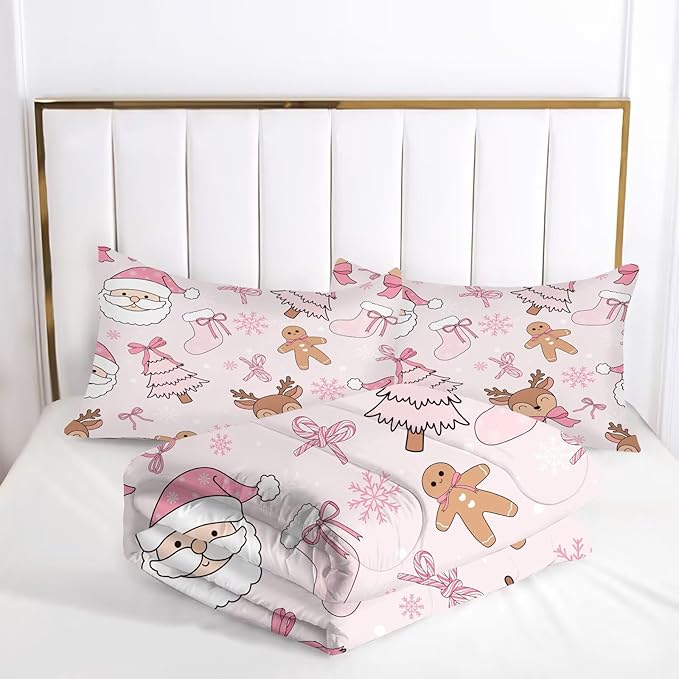 Light-Pink Christmas Comforter Set Twin for Girls, Cute Santa Claus Christmas Tree and Reindeer Printed Bedding Set, Cartoon Xmas Bed Set with 1 Comforter and 1 Pillowcase