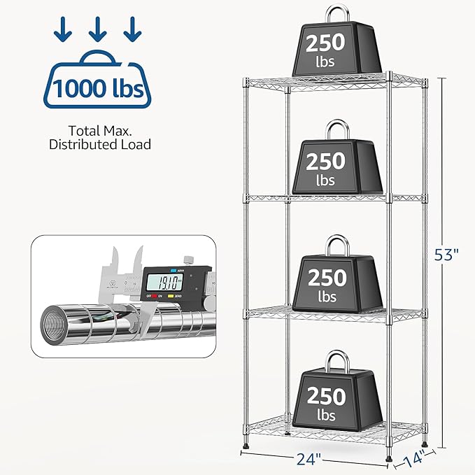 1000 lbs 4Tier Shelf Metal Storage Shelves Wire Rack Closet Organizers with Wheel for Garage Kitchen Bathroom Laundry Chrome 13.7" D x 23.6" W x 53.4" H
