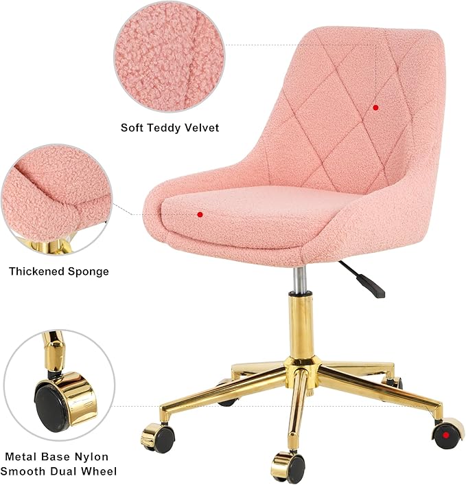 Furnimart 360° Swivel Rolling Desk Chair, Height Adjustable Vanity Chair with Gold Legs, Pink Cute Task Chair with Wheels for Dorm Bedroom Studying Small Places (Teddy Pink)