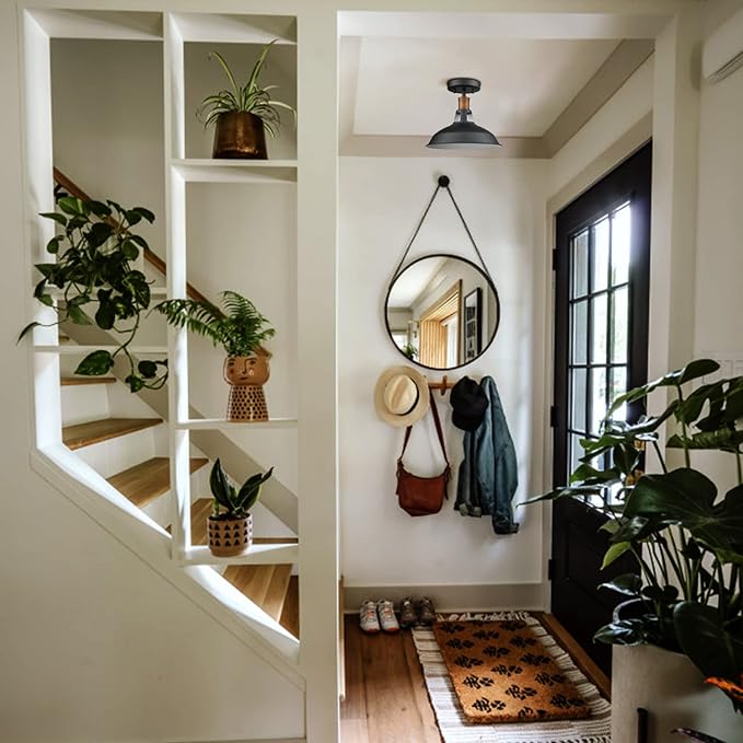 CLAXY 1-Light Semi Flush Mount Light Fixture Farmhouse Ceiling Light with Black and White Shade Dimmable