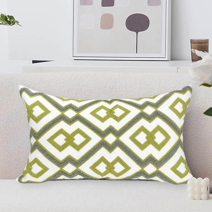 Alysheer Embroidered Lumbar Decorative Throw Pillow Cover 12"x 20", Classic Boho Geometric Embroidery Pattern Cotton Rectangular Cushion Case for Sofa Couch Living Room Bedroom(Green Grey)