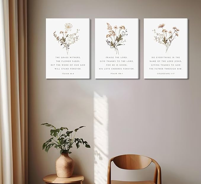 Wildflower Verses Canvas Wall Art Bible Verses Floral Paintings Pictures Wall Decor Botanical Scripture Christian Posters Prints for Bedroom Living Room Office Christian Scene Home Decorate