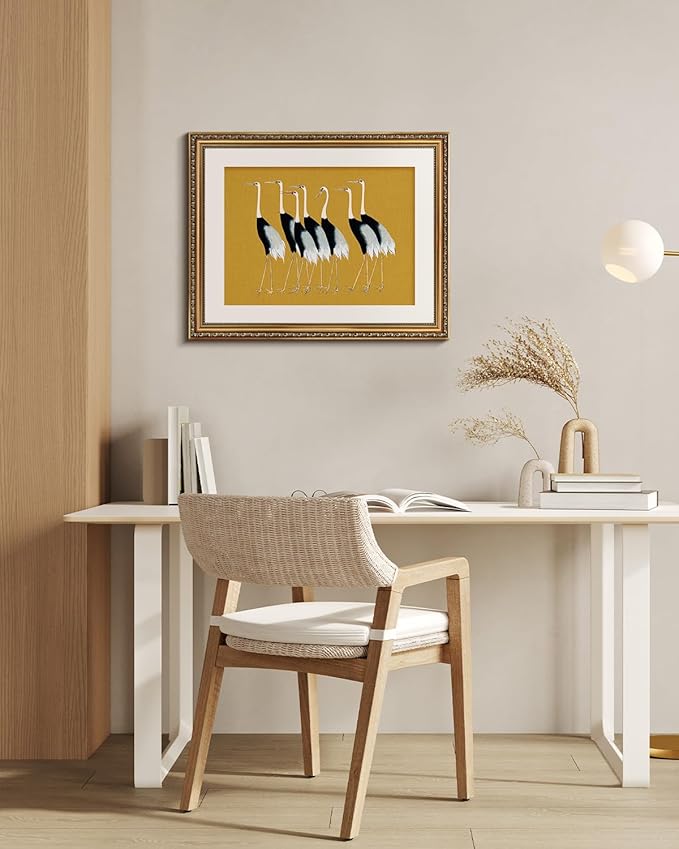 VIYYIEA Gold Framed Wall Art Canvas Print Home Decor, Vintage Cranes Wall Art for Living Room, Vintage Animal Oil Painting Picture, Print Framed Home Decor, Bathroom Wall Decor Seven Cranes 16x20in