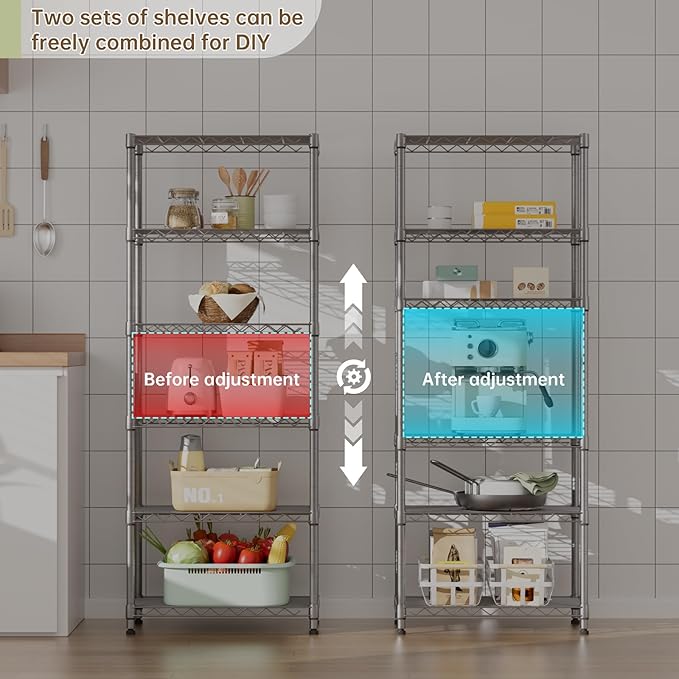 5 tire Shelves Storage Wire Shelving Unit Metal Shelf Adjustable Organizers Storage Shelving with Wheels for Bathroom Laundry Room Kitchen Pantry12”D x 22”W x 69”H Silver