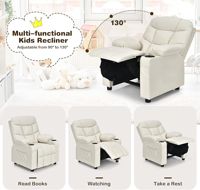 Costzon Kids Recliner Chair with Cup Holder, Adjustable Lounge Chair w/Footrest & Side Pockets for Children Boys Girls Room, Ergonomic Toddler Furniture Sofa, Kids Recliner (Beige)