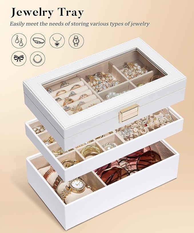 Homde Jewelry Tray Stackable Jewelry Box with Glass Lid, Removable Dividers for Vanity Table Gift Idea for Girls and Women (White)
