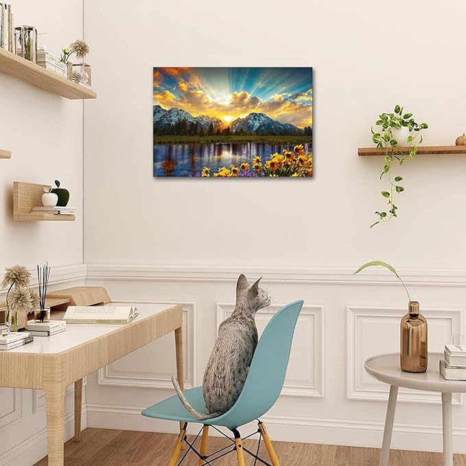 SKASNFAI Grand Teton National Park Wall Art Sunflower Landscape Canvas Mountain Artwork Landscape Print for Living Room Framed (16x24 inch)