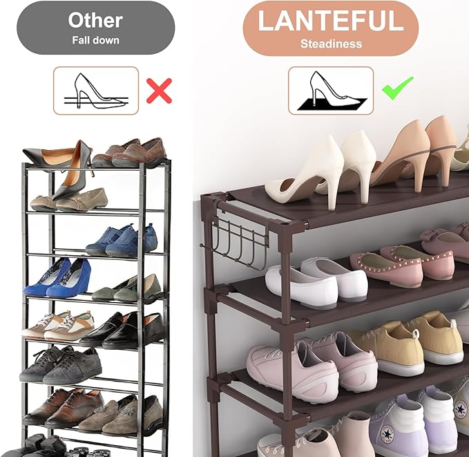 10 Tiers Shoe Rack 50 Pairs Large Capacity Tall Shoe Organizer Sturdy Shoe Storage with Two Hooks Space Saving Metal Wide Shoe Rack for Closet, Entryway, Bedroom, Brown