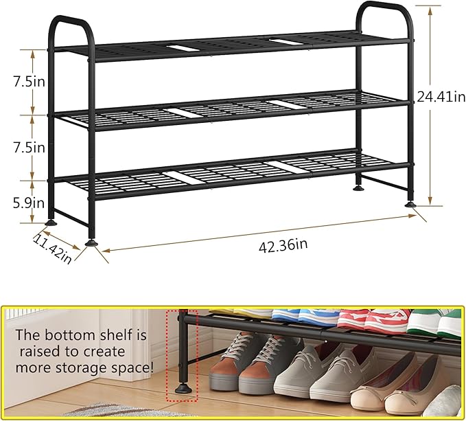 LINZINAR Shoe Rack 3 Tier Long Metal Shoe Organizer for Closet Entryway Black