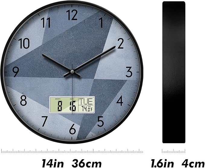 SCAOGE Industrial Wall Clock with Day Week Temperature Grayish Blue Non-Ticking Digital Clocks Large Display Battery Operated Wall Mount Analog Clock with Date for Living Room Bedroom Decor 14 Inch