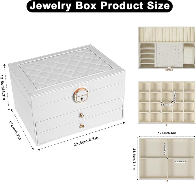 Jewelry Box, 3-Layer Jewelry Boxes for Women, Stud Earings Holder Jewelry Organizers and Storage with Removable Jewelry Tray, PU Leather Vintage Quilted Top Lockable Jewelry Holder Gift Idea