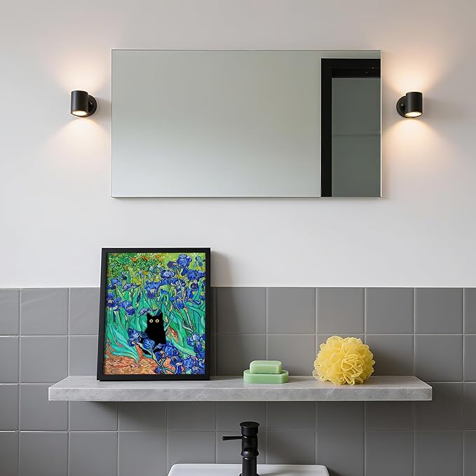 Krtoni Framed Van Gogh Irises Canvas Wall Art, Famous Oil Paintings Garden Flower Black Cat Wall Decor, Impressionism Funny Vintage Print Artwork For Farmhouse Gallery Bathroom 10''L x 8''W