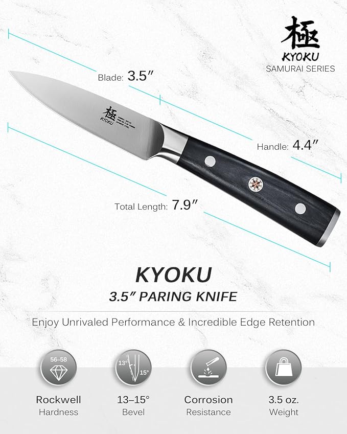 KYOKU 3.5" Paring Knife, Samurai Series Peeling Knife with Pakkawood Handle, Japanese High Carbon Steel Sharp Knife, Full Tang Small Kitchen Knife for Fruit Peeling & Slicing with Sheath and Case