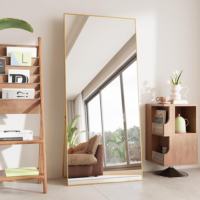 FANYUSHOW Full Length Mirror, Standing Hanging or Leaning Body Mirror, Simple Rectangle Design, Aluminum Alloy Thin Frame, Floor Mirror for Bedrooms, Bathrooms, Living Room 63"x19" (Gold)