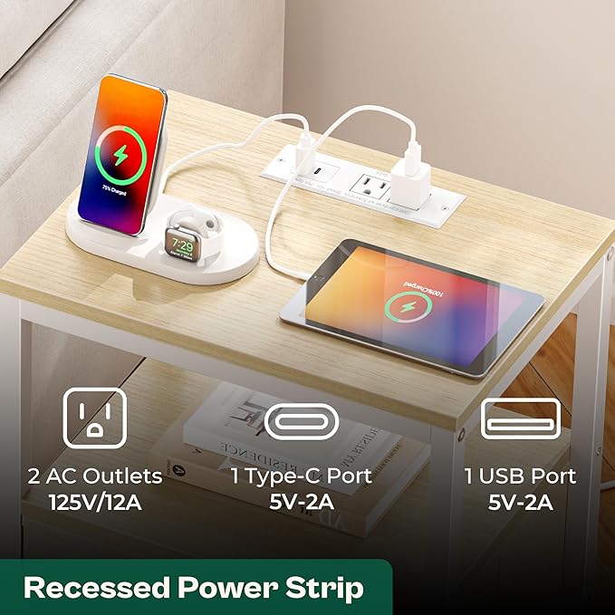 Huuger Nightstand with Charging Station, Side Table with Fabric Drawers, End Table with Open Shelf, Bedside Table with USB Ports and Outlets, Night Stand for Bedroom, White Marple