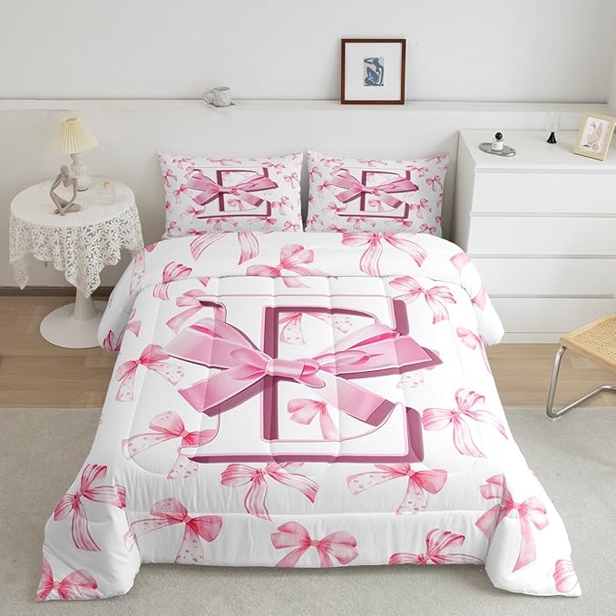 jejeloiu Kids Girls Cute Pink Bow Comforter Set King Size Monogrammed Bedding Set Ultra Soft Personalized Initial E Duvet Quilt Coquette Bow Knot Quilt Set Room Decor Modern Fashion Comforter
