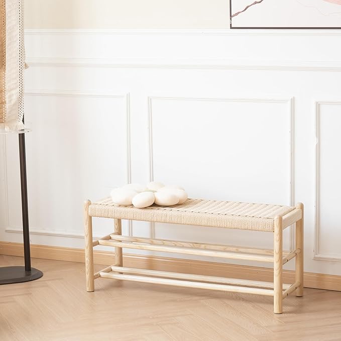 Solid Wood Entryway Bench with Shoe Storage, Rustic Oak Wood and Woven Design 39.4 Inch Long Seating for Living and Dining Rooms, 3-Tier Nature