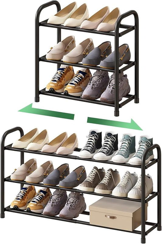 Shoe Rack for Closet, 3-Tier Expandable Shoe Organizer, Metal Adjustable Black Shoe Shelf Storage Organizer, Free Standing Shoe Rack for Entryway Closet Doorway
