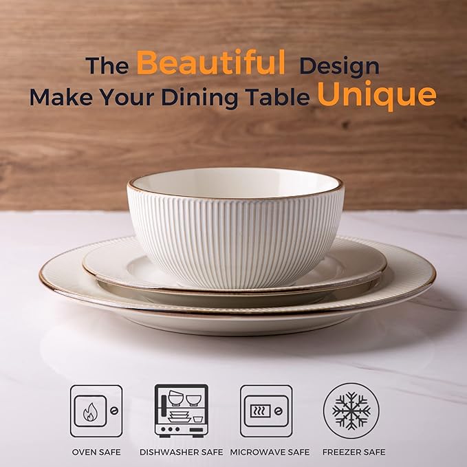 GBHOME Ceramic Dinnerware Sets, 24 pcs Embossed Elegant Stoneware Plates and Bowls Sets, Housewarming Wedding Gift | Dishwasher & Microwave Safe | Dishes Set Service for 8