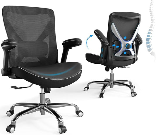 Ergonomic Office Chair-Computer PU Leather X-Shaped Desk Chair-Gaming Chair with Adjustable Flip-up Armrests Lumbar Support Mesh Executive Chair for Long Hours Office (Black-Silver)