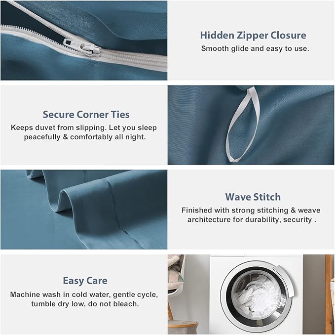 MILDLY 100% Long-Staple Cotton Duvet Cover Set Queen Size Teal Blue Comforter Cover Sets Ultra Soft Bedding Set 3 PCS with Zipper Closure & Corner Tie (No Comforter)