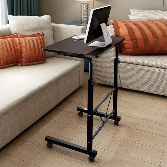 Goujxcy Sofa Side Table C Shaped End Table with Wheels, Black Rolling Bedside Laptop Table Snack Table TV Tray, Height Adjustable, Wooden Top & Metal Frame