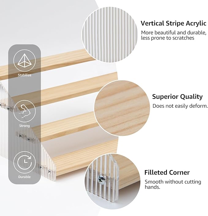 nianfeng Tiered Spice Rack, 4-Tier Spice Pantry Kitchen Cabinet Organizer, 19.9-Inch, Natural Wood Acrylic Stair Riser Stand, Countertop Seasoning Shelf