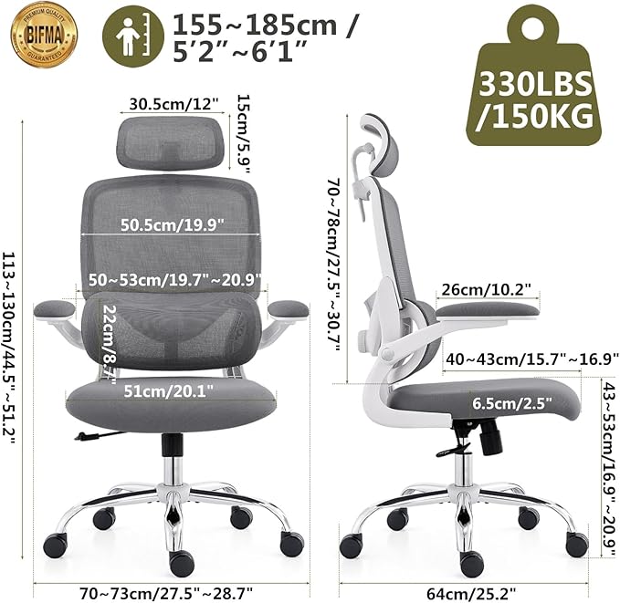 Ergonomic Home Office Chair, High Back Mesh Desk Chair with Adjustable Lumbar Support, Flip-up Armrest, Removable Headrest, Swivel Computer Gaming Chair, Space Saving, 330LBS (White+Grey)