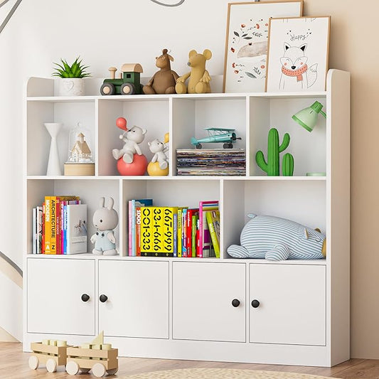 2 in 1 Large Toy Organizer and Storage, 4 Tier Kids Bookshelf with 11 Storage Cubbies, Wooden Storage Cabinet Daycare Furniture for School, Classroom, Playroom, Nursery, Kindergarten, White