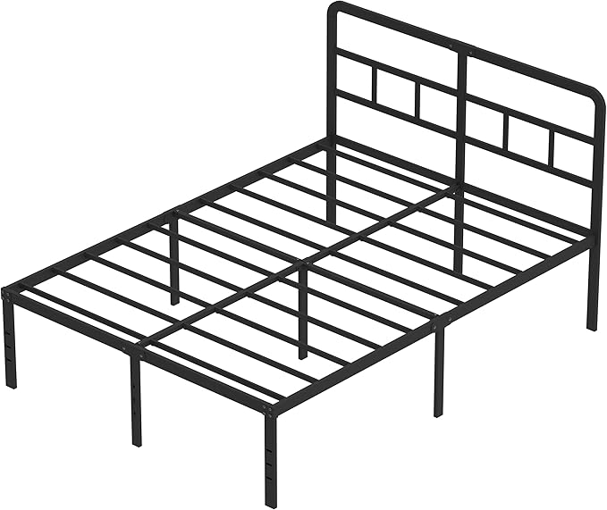18 Inch Full Size Bed Frame with Headboard No Box Spring Needed, Heavy Duty Metal Platform with Steel Slat, Mattress Foundation, Easy Assembly, Noise Free, Black