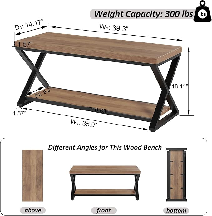 IBF Wood Bench Indoor, Industrial entryway Bench with Shoe Storage for Living Dining Room, Farmhouse Wooden Metal Entry Way Foyer Benches Seat for Bedroom Entryway, Rustic Oak, 39 Inch Long