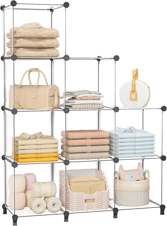 Neprock Closet Organizer, 9 Cube Closet Organizers and Storage,DIY Closet Storage Shelves, Clothes Storage Organizer for Kids, Closet, Bedroom, Bathroom, Office(Transparent White)