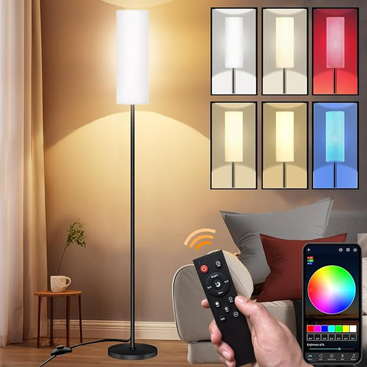 Smart LED Floor Lamp with APP Control & RGB Colors - Dimmable Standing Lamp for Living Room, Bedroom, Gaming - Remote, Timer, 9W Bulb Included, 67" Modern Tall Lamp (White)