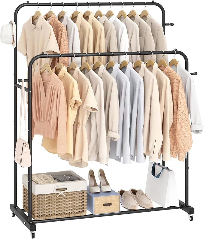 Laiensia Double Rods Garment Rack with Wheels, Clothing Rack for Hanging Clothes,4 Hooks, Multi-functional Bedroom Clothes Rack, Black