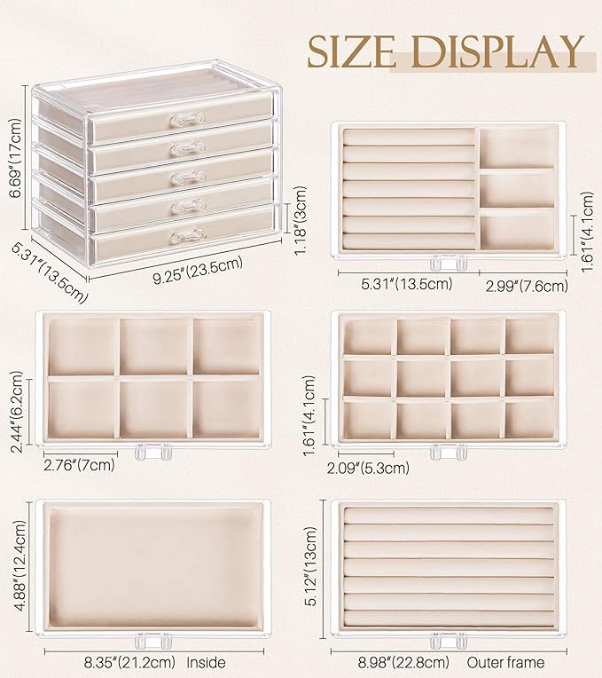 Homde Jewelry Box Acrylic for Home: Necklace Ring Organizer for Women in Vanity - Large Bracelet Earring Holder with Compartments