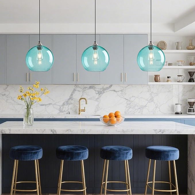 Light Blue Glass Pendant Lights Kitchen Island Globe Pendant Light Fixtures Modern Pendant Lighting for Bedroom Living Dining Room Light Fixture (9.84 in, 1 Pack)