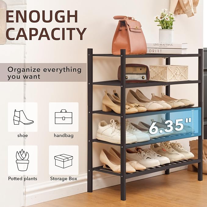5 Tier Bamboo Shoe Rack Storage Organizer for Closet, Multifunctional Stackable Free Standing Shoe Shelf Organizer for Small Space,Entryway, Hallway, Bathroom27 x11 x32 (Brown, 5 Tier)