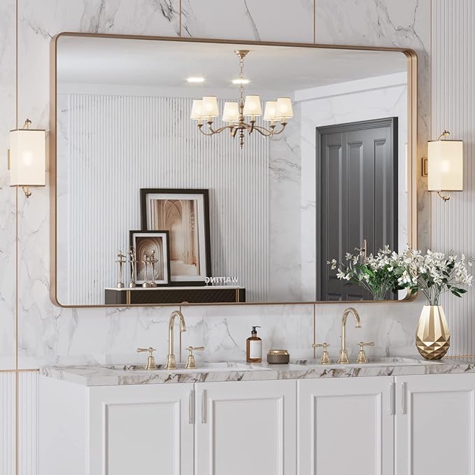 LOAAO 48”X32” Gold Bathroom Mirror, Rounded Rectangle Gold Frame Mirror, Brushed Gold Bathroom Vanity Mirror Wall-Mounted, Anti-Rust, Tempered Glass, Hangs Horizontally or Vertically