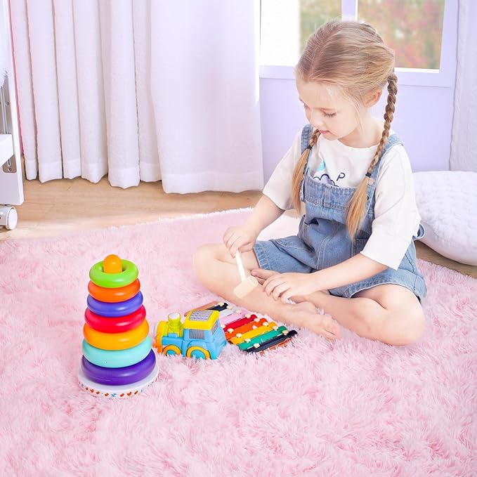 junovo Ultra Soft Rug for Nursery Children Room Baby Room Home Decor Dormitory Hexagon Carpet for Playhouse Princess Tent Kids Play Castle, Diameter 4.6 ft, Pink