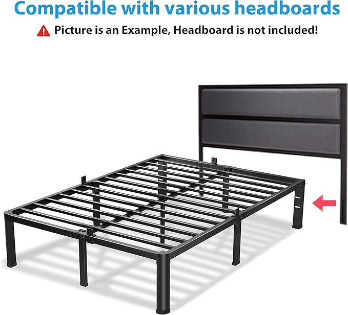 14 Inch Full Size Bed Frame, 3500Lbs Heavy Duty Metal Platform with Round Corner Legs Mattress Slide Stopper, Steel Slat Support No Box Spring Needed, Noise Free, Non-Slip, Easy Assembly