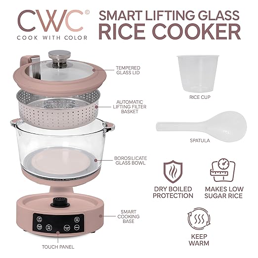 COOK WITH COLOR 3L Glass Low Carb Rice Cooker - Makes 6 Cups Cooked Low Sugar Rice with Auto Lift Filter Basket, Hotpot & Steamer for Rice, Grains and Oats, Digital Panel with Keep Warm, Blush