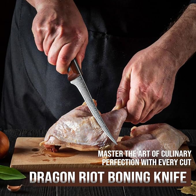 DRAGON RIOT Damascus Boning Knife 6 inch, Professional VG-10 Steel Japanese Fillet Knife, Flexible Deboning Knife,Kitchen Trimming Knife with Ergonomic Wood Handle, Premium Gift Box