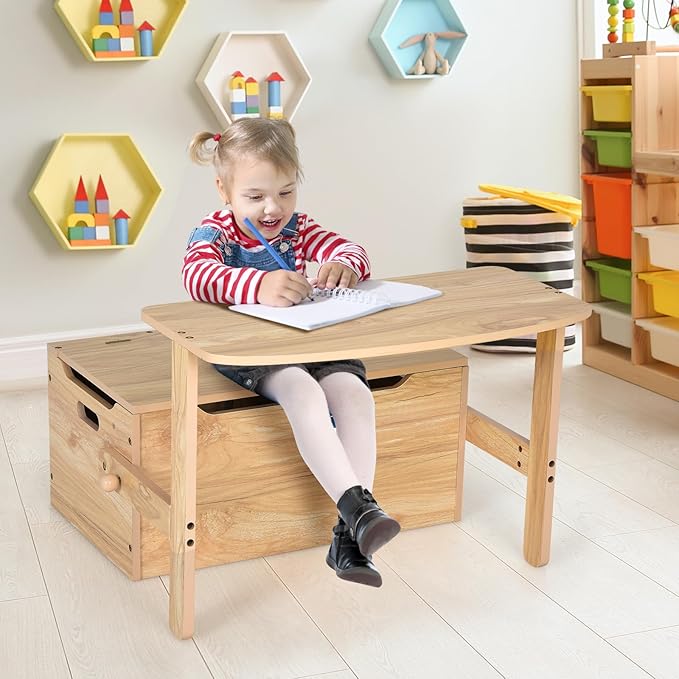 Costzon Kids Table and Chair Set, Convertible Toy Storage Bench with Built-in Handle for Kindergarten, Preschool, Kids Room, Playroom, Wood Reading Nook for Toddler Boys Girls Ages 3 to 7 (Natural)