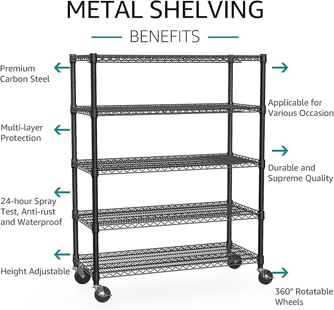 IZEUK Garage Shelving Wide Storage Shelves 5 Tier Metal Shelves Heavy Duty Adjustable Utility Shelf Rack Black 23.6" D x 53.1" W x 73.6" H